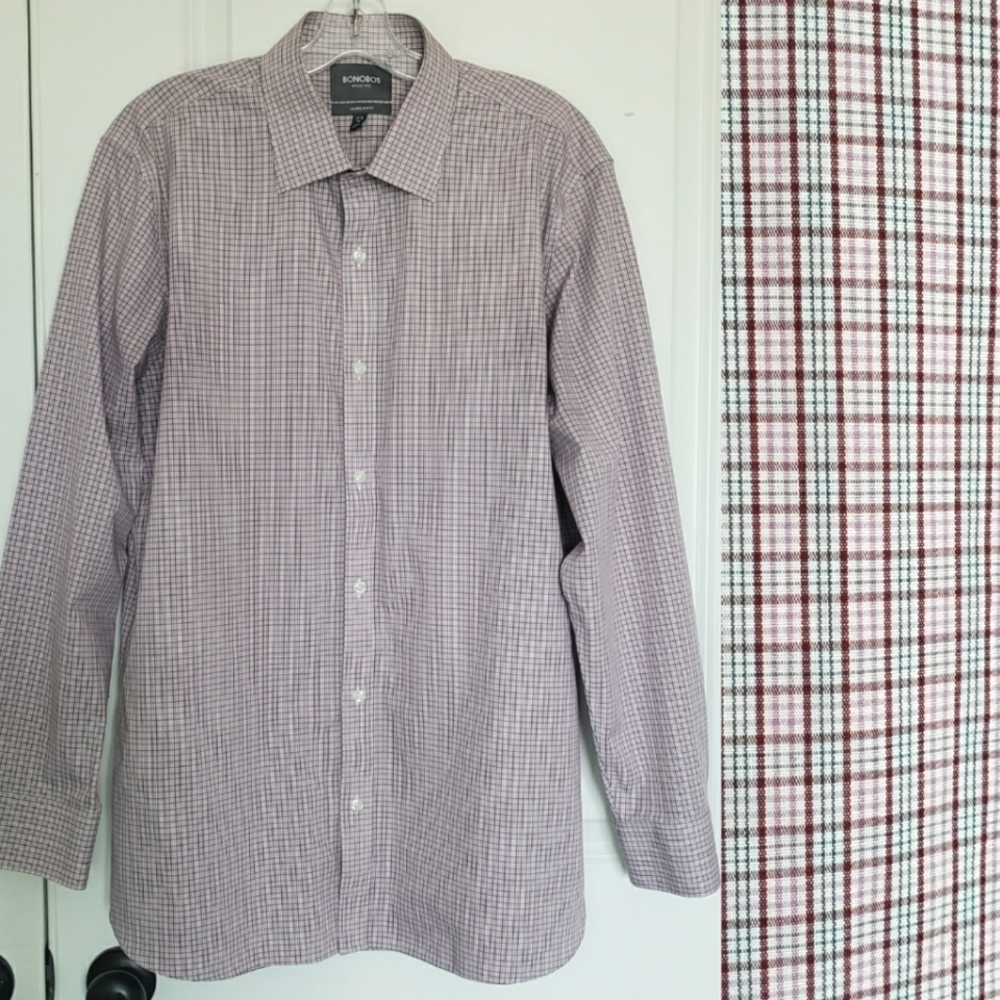 Bonobos Wrinkle Free Tailored Slim Fit Dress Shirt Burgundy Plaid 17.5/36